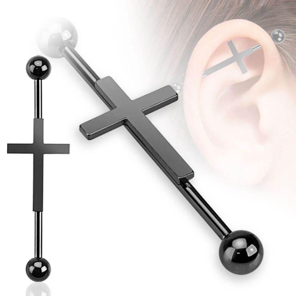 Cross Industrial Barbell 14G Surgical Steel | 35mm – Black | Single Bar